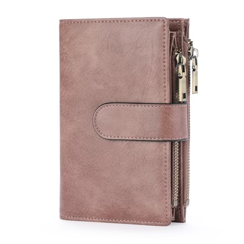 Image of GOIACII Womens Wallets RFID Blocking Leather Trifold Clutch Wallet Credit Card Holder Ladies Purse 3 ID Windows Pink