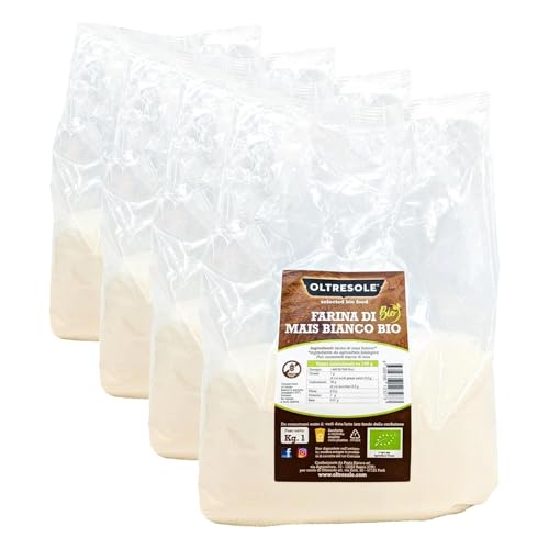 Oltresole, Harina de Maíz Blanca Ecológica Italiana 1 Kg, Sin Gluten, Sin OGM, 100% Made in Italy, Ideal para Polenta, Pan y Dulces, Perfecto para Celíacos y Veganos (Paquete de 4)