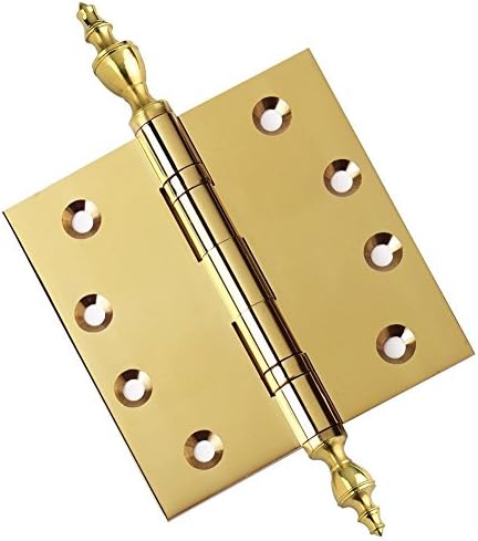 4 Door Hinges 4" x 4" Extruded Solid Brass Ball Bearing Brass Hinge Heavy Duty Polished Brass (US3) Stainless Steel Removable Pin, Architectural Grade, Ball/Urn/Button Tips Included