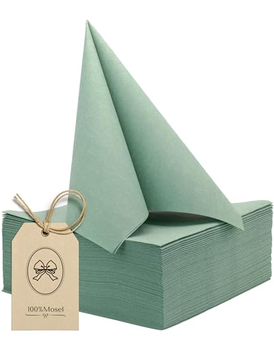 100% Mosel Airlaid Servietten, 50 Stück (40 x 40 cm), in Eukalyptus Grün – stoffähnlich & beidseitig farbig – Premium Tischdeko für Hochzeit, Kommunion, Konfirmation, Taufe & Geburtstag
