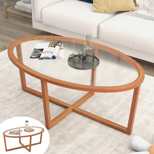 GOPLUS Table Basse Verre Vitrée Ovale, Table de Salon avec Plateau en Verre Trempé et Cadre en Bois Massif, Style Moderne, pour Bureau, Charge 50KG, 118 x...