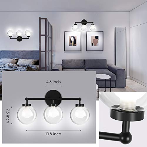 OOWOLF 3-Light Bathroom Vanity Light, 11W 5000K Indoor Wall Light Fixtures, LED Make-up Mirror Front Light, Two-Layer Glass lampshades, Matte Black