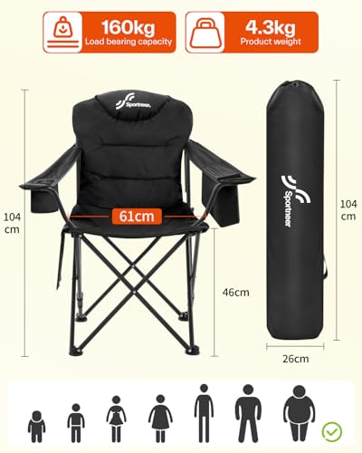 Sportneer Campingstuhl Faltbar Klappstuhl: Klappstuhl Camping bis 160 kg 3 Verstellbar Winkel Camping Stuhl Angelstuhl mit Rückenlehne Kopfstütze und Tragetasche, Faltstuhl Camping Outdoor, Schwarz 2