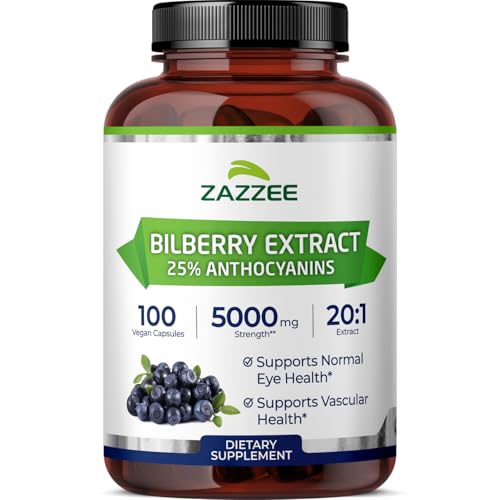 Zazzee Extra Strength Bilberry 20:1 Extract, 25% Anthocyanins, 100 Vegan Capsules, 3+ Month Supply, Vaccinium Myrtillus, Eye Health, Vision & Antioxidant Support, Non-GMO, Made in the USA