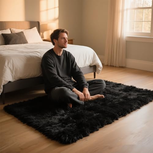 Small Bedside Rug, 3x5 Non Slip Fluffy Shaggy Entryway Throw Rugs for Bedroom Living Room, Indoor Floor Carpet for Kids Girls and Boys, Nursery Rooms Mat, Home Decor Aesthetic, Black