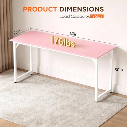 Image of PayLessHere | 63 Inch Computer Desk | Pink | Office Desk with Metal Frame, Adjustable Feet | Water-Resistant, Scratchproof Surface | Sturdy Writing Table for Home Office or Study | Pack of 1