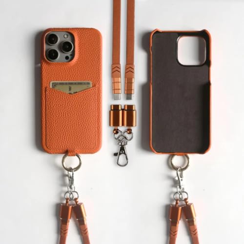 Étui en cuir iPhone 14 Pro orange chic avec fente cartes et dragonne pratique
