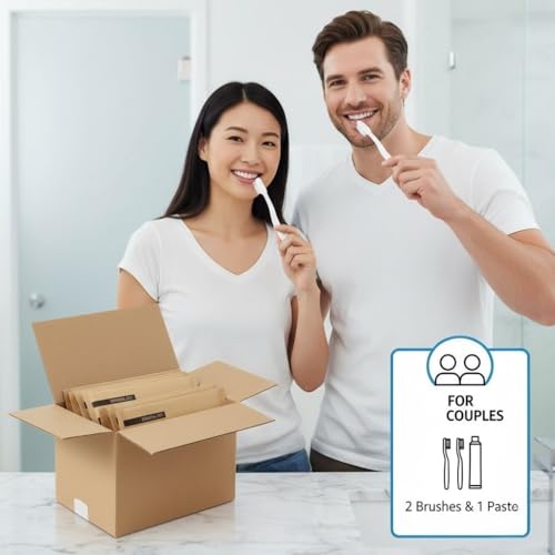Image of 100 Pack Double Dental Kits - 2 Toothbrushes & 1 Toothpaste per Set - Eco-Friendly Kraft Paper Pouch - Guest Amenities for Hotels, Airbnb & Wedding Favors