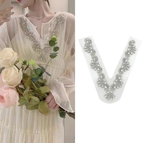 Rhinestones Beaded Flower Mesh Patches Sew On V Neckline Collar Trim Appliques for Dress Clothing Accessory DIY Crafts2