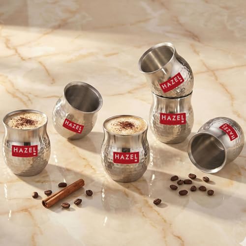 Image of HAZEL Double Wall Stainless Steel Kullad Set of 6 | Hammered Finish Tea & Coffee Cups | 150 ML | 6 cm Diameter