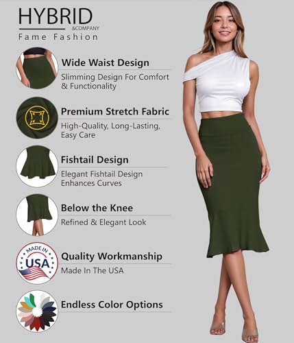 Image of HyBrid & Company Womens Premium Nylon Ponte Stretch Office Fishtail Pencil Skirt High Waist Made in The USA Below Knee