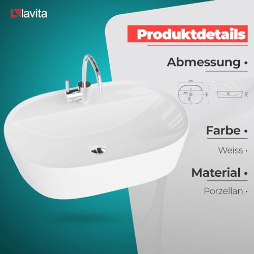 LAVITA Aufsatzwaschtisch Pereya Aufsatzwaschbecken Rechteckig Waschbecken ohne Überlauf und mit Hahnloch Aus hochwertigem Porzellan Waschtisch modernes Badkeramik Waschplatz 50,5x38,5x12 cm Weiß Glanz – Bild 4