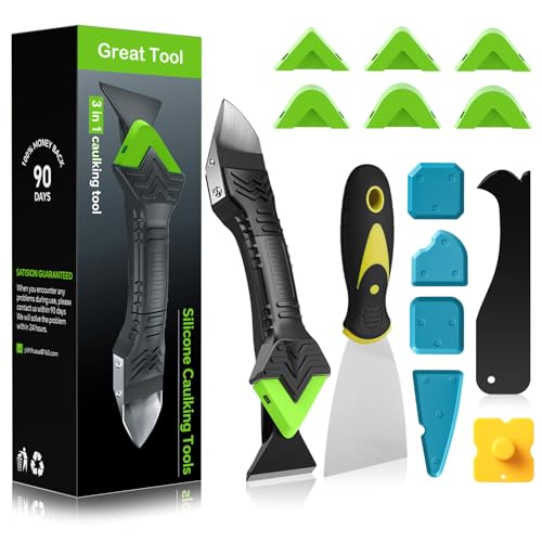 Goopreen Silicone Caulking Tool Kit-3 in 1 Caulk Tool Caulk Remover Tool(Stainless Steel) Silicone Seam Tool and Putty Knife Sealant Finishing Tool for Bathroom Kitchen Floor Window Sink Seal