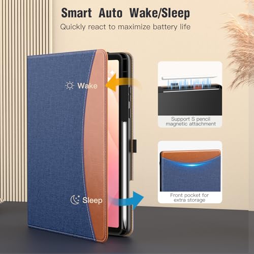 Image of MoKo Case for Samsug Galaxy Tab S11 2025 11-Inch, Denim Blue & Brown | S Pen Holder, PU Leather, 2 Adjustable Angle, Auto Wake /Sleep, Hand Strap, Front Pocket, 2 non-slip grooves