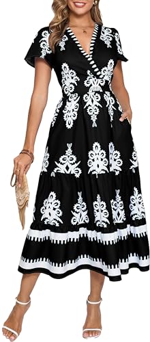 Image of Floral Print Dress for Women Boho Long Dresses Flowy A line Dresses Fit for Office and Casual Vacation Cocktail Party Prom