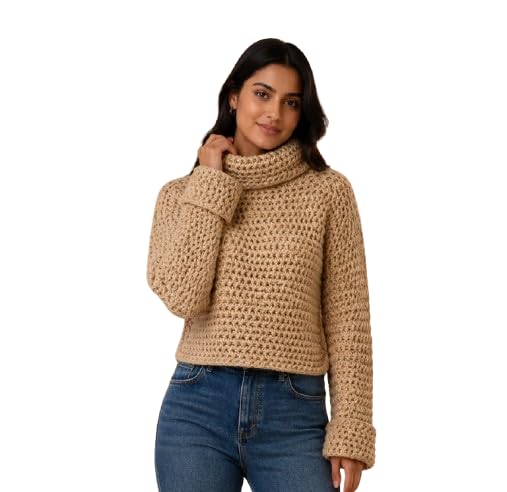 nobarr Women's Brown Metallic Knit Sweater | High Neck Full Sleeve Pullover | Soft Wool Blend Winter Top | Regular Fit Casual Sweater-picture-12