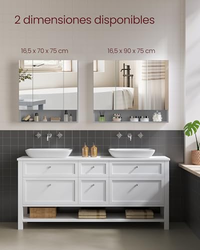 VASAGLE Kailyn Colección - Armario de Baño con Puertas, Armario de Pared con Espejo, Compartimento Abierto, Estantes Ajustables, 16,5 x 70 x 75 cm, Gris Paloma BBK129G01 - imagen 7