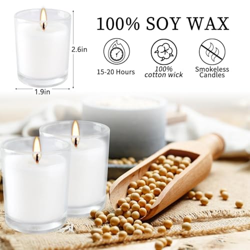 Image of 20 Pack Unscented White Clear Glass Filled Votive Candles | Soy Wax, Smokeless, Hand Poured Wax Candles Ideal for Aromatherapy, Spa, Weddings, Birthdays, Holidays & Party Decor