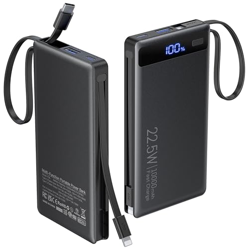 Power Bank with 2 Built-in Cables 10000mAh, 22.5W PD Slim Portable Charger USB C Battery Pack, Travel Essentials Fast Charging Powerbank Compatible with iPhone 17 16 15 Plus Pro Samsung iPad etc(1 Pk)