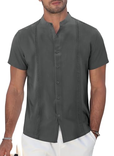 TUREFACE Mens Grey Button Down Cuba Shirts Short Sleeve Band Collar Casual Vacation Beach Summer Guayabera Shirt