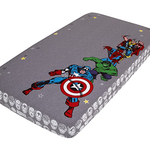 Image of Marvel Comics Grey, White, Red, and Blue, Captain America, Hulk, Spiderman and Thor Photo Op Fitted Crib Sheet