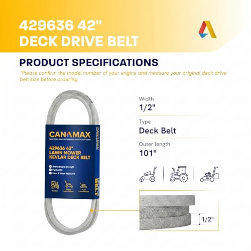 Image of Canamax 429636 197253 Mower Deck Belt - Aramid Cord 1 /2 inch x 101.5 inch - for 42 inch Deck Craftsman Husqvarna AYP Poulan 532429636 598559101 532197253 592855001 PP19A42 YTA18542 YTH22V42 21546422 M87323