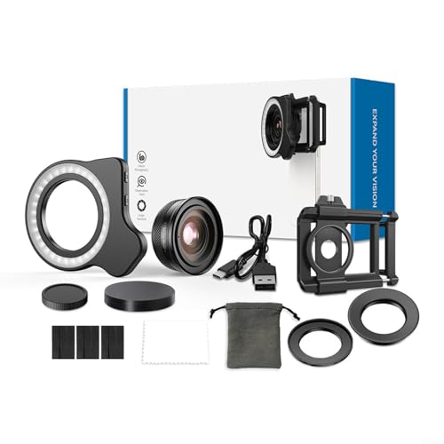 Smartphone Macro Objetivo Set 10-20x Zoom con Luz de Relleno Integrada Fotografía HD Clip para iPhone para Android Portátil ABS Material Negro 18 x 9,5 x 5 cm
