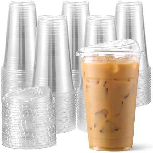 AOZITA 100 Pack - Clear 16 Oz Plastic Cups With Lids, Disposable Iced Coffee Cups With Lids for Party Drinks, Bubble Tea and Cold Beverage, BPA Free & Food Safe