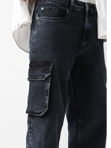 Image of The Souled Store Solids: Stone Grey Men and Boys Buttoned Straight Fit Cargo Jeans