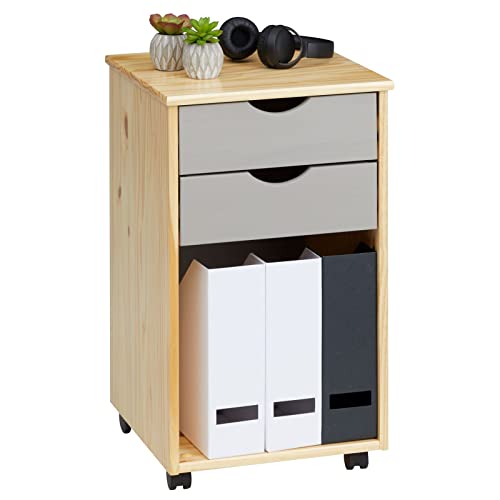IDIMEX Caisson de Bureau Kano, Meuble de Rangement sur roulettes avec 2 tiroirs et 1 Niche, en pin Massif Naturel et Gris