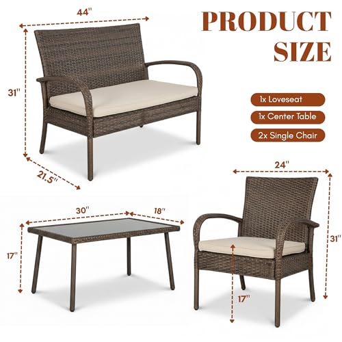 Image of DEVOKO Marbella Outdoor Wicker Patio Furniture 4-Piece Waterproof Sofa with Washable Cushion and Center Table for Outdoor Garden Balcony Backyard (Dark Brown & Cream)