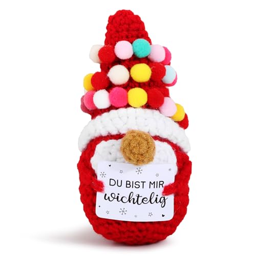 BOFUNX Weihnachtswichtel Geschenk Gestrickte Weihnachtswichtel Figur + Du bist Mir wichtelig Karte + Organzasäckchen, Weihnachtszwerg Puppe Weihnachten Geschenk für Familien Freunde