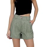 Pantalones cortos de trabajo para mujer de cintura alta, pantalones cortos de mujer de verano rectos plisados de corte suelto casual elegante y elegante color sólido cómodo con botones bolsillos
