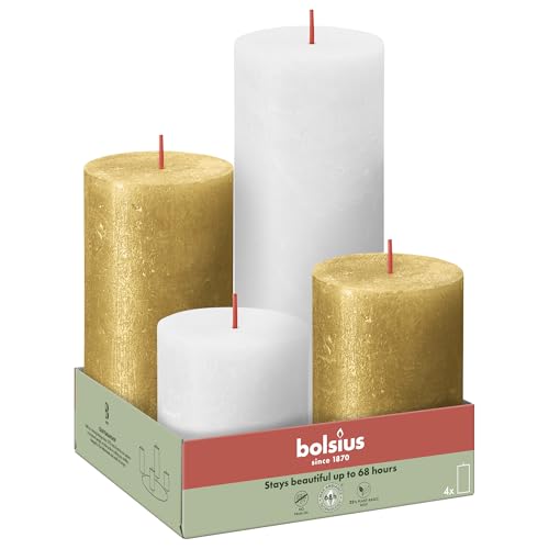 Bolsius - Rustic 4 packs - Oro y Blanco - Pack de 4 - Velas Decorativas para el Hogar - Hechas con Cera Vegetal Natural - Sin Aceite de Palma - Sin Perfume