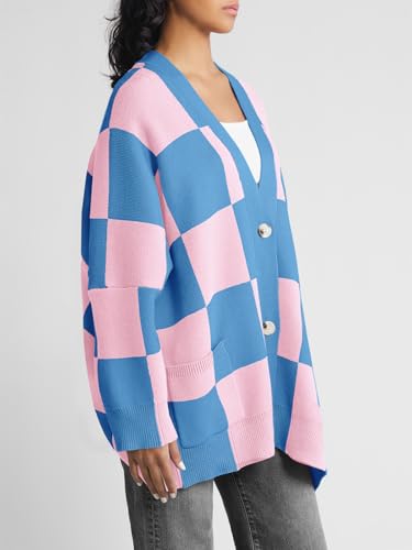 Saodimallsu Womens Checkered Sweater Color Block Plaid Oversized Cardigan Long Sleeve V Neck Button Down Knit Coats3