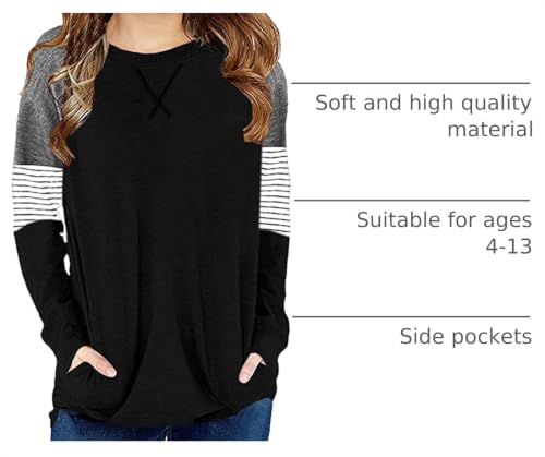 Image of SELINK Girls Big Kids Long Sleeve Striped Color Block Pocket Tees | Casual Loose Fit With Side Pockets,Soft Stretch Polyester Blend For Big Girls Daily&Back To School Wear