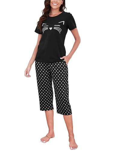 Reliwel Ensemble de Pyjama Femme Coton Pyjama Court Femme Vêtements de Nuit 2 Pièces à Manches Courtes Chat et Pantacourt 3/4 pour Printemps et Été