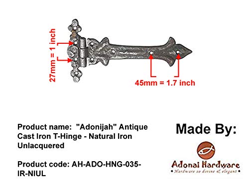 Image of Adonai Hardware Adonijah Antique Cast Iron Strap T Hinge (7.9 inch x 4 Pack, Natural Iron Unlacquered) for Barn Doors, Gates, Kitchen Cabinets, Sheds, Wooden Box, Furniture, Cedar Chest and Trunks