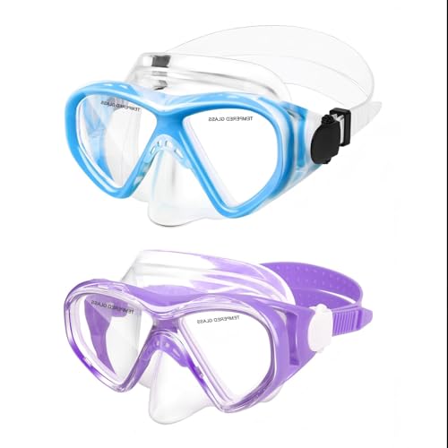 Image of (2PCS Blue Blue&Purple) ACQCES Kids Swim Goggles Snorkel Diving Mask for Boys Girls Ages 5-15, Two-Color Anti-Fog Swimming Goggles with Nose Cover