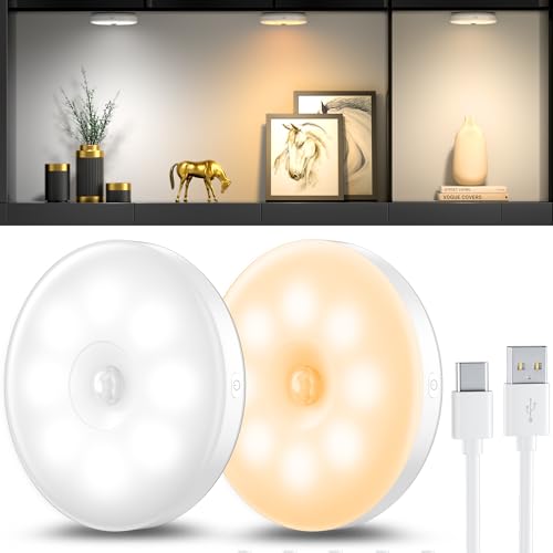 daphomeu 2 Pack Luz Nocturna con Sensor de Movimiento,Luz LED Recargable USB 3 Colores, Iluminación de Armarios, Sensor Interno para Escaleras, Dormitorio, Cocina, Habitación Infantil.
