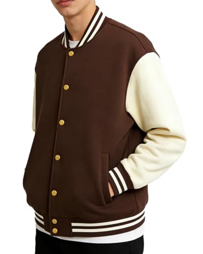 MAVQX Man’s Fashion Varsity Baseball Regular Fit Jacket College Baseball Letterman Bomber Coat (US, Alpha, Medium, Regular, Regular, BROWN)