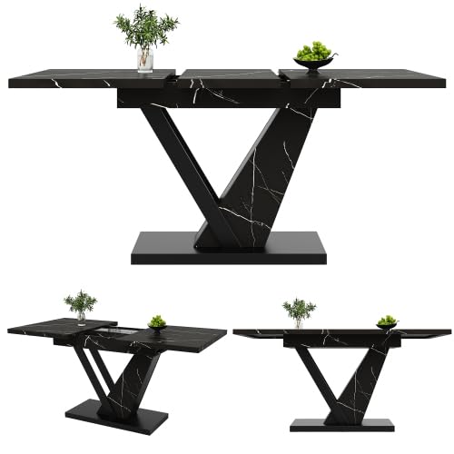 Tavolo da pranzo allungabile, 120-160 cm, con decorazione in marmo nero, tavolo da cucina per 6-8 persone, con funzione telescopica e robusta struttura in metallo, nero