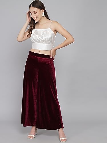 Image of Vaararo Party Trousers for Women | Shiny Velvet Fabric Wide Bottoms Stylish Palazzo Pants