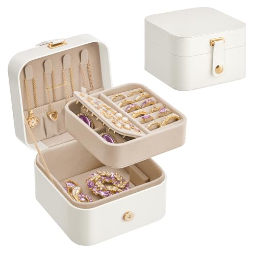 SONGMICS Caixa de jóias de viagem, caixa de jóias pequena, 2 níveis, caixa de jóias portátil, para acessórios grandes, 11,2 x 11,8 x 7,2 cm, ideia para presente, branca nuvem JBC185W03