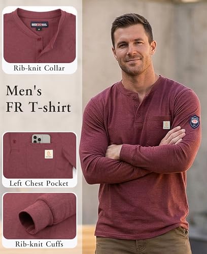 Image of BOCOMAL FR Shirts Flame Resistant Shirt 5.5oz 100% Cotton Light Weight CAT2 Fire Retardant Henley Shirts
