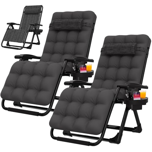 Suteck Zero Gravity Chair Set of 2, Reclining Camping Lounge Chair w/Removable Cushion, Upgraded Lock and Cup Holder, Reclining Patio Chairs Folding Recliner for Indoor and Outdoor
