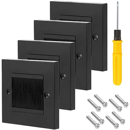 Acmerota Acmerota 86 Piastra da muro con spazzola Piastra frontale con piastra a spazzola a gruppo singolo per prese e fili riordinati, passaggio cavi, placca da muro nera con spazzola nera 4 pezzi