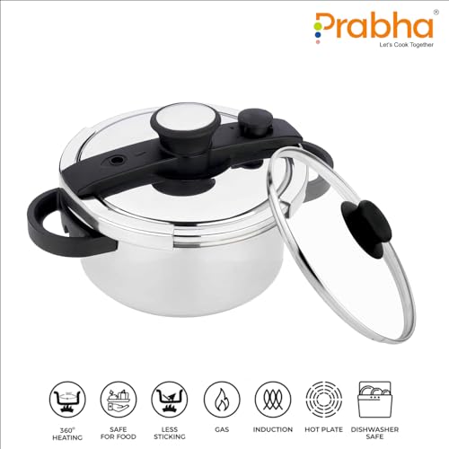 Image of Prabha Cook-on Outer Lid Stainless Steel Pressure Cooker |Deep Lid controls spillage| Pressure Indicator | Anti-bulge Base | Cool Touch Weight | Gas & Induction Base compatible | 5 years warranty (3L)
