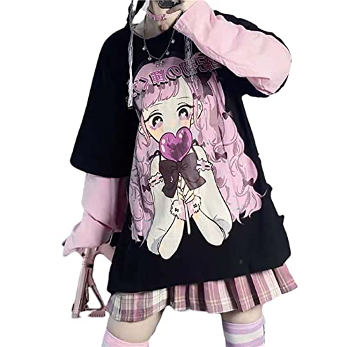 Harajuku Style Cartoon Print Loose Korean Version Fake Two-Piece Long-Sleeved Fashion Gothic Sweater