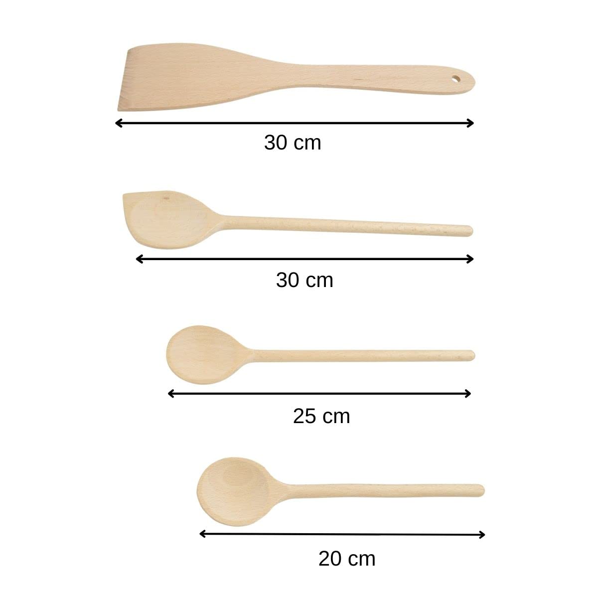 Fackelmann 31125 Zestaw 4 drewnianych przyborów kuchennych, zestaw drewnianych szpatułek i łyżek kuchennych, drewno z certyfikatem FSC, 20cm, 25cm, 30cm, brązowy